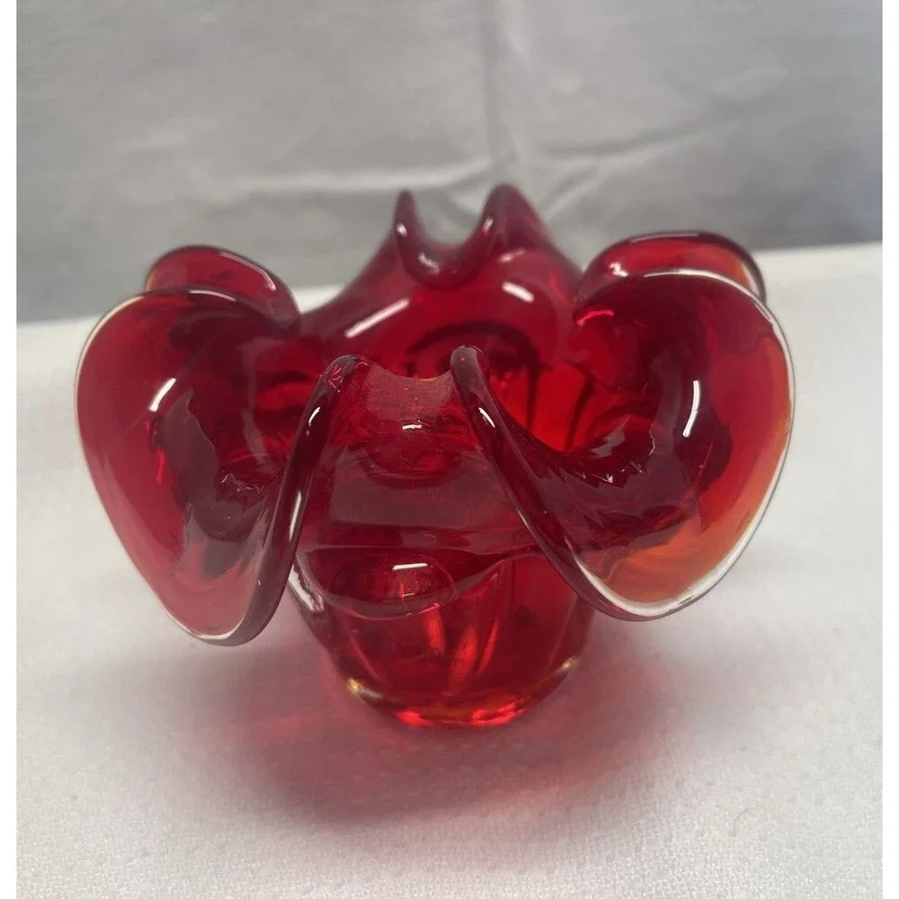Vintage Murano Glass Votive Candle Holder Trinkets Red Ruffled Edge Decorative